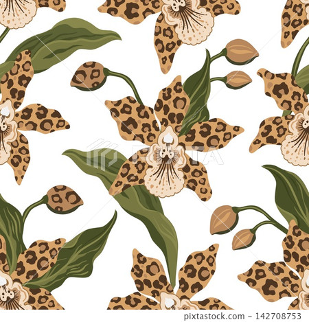 Exotic Orchid Floral Seamless Pattern Featuring Leopard Spotted Petals And Botanical Foliage Exotic Orchid Floral Seamless Pattern Featuring Leopard Spotted Petals And Botanical Foliage 142708753
