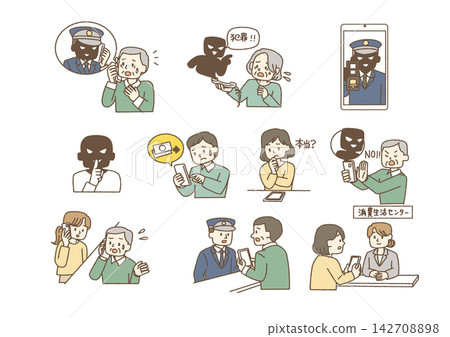 一組插圖,幫助您避免電話匯款詐騙和犯罪分子冒充警察的特殊詐騙。 一組插圖,幫助您避免電話匯款詐騙和犯罪分子冒充警察的特殊詐騙。 142708898