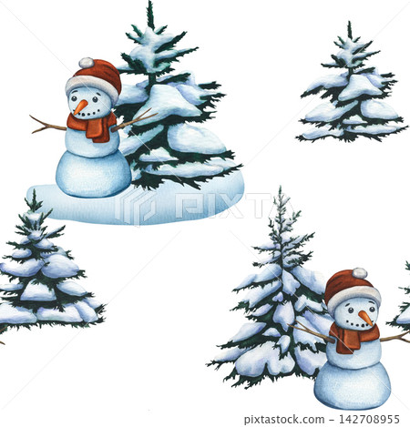 Seamless pattern of Snowman near a Christmas tree. Watercolor illustration of winter forest and cute snowman. Winter forest background. Wallpaper of snowy fir trees. Snowy landscape Seamless pattern of Snowman near a Christmas tree. Watercolor illustration of winter forest and cute snowman. Winter forest background. Wallpaper of snowy fir trees. Snowy landscape 142708955