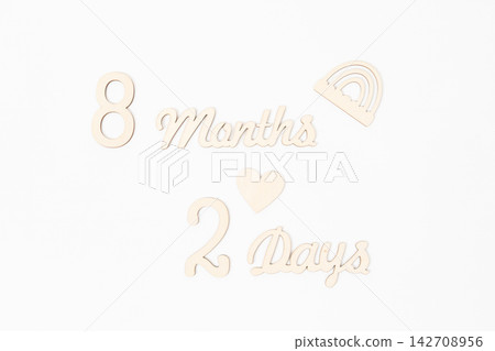 A cute arrangement photo showing eight months and two days depicted by wooden parts. A cute arrangement photo showing eight months and two days depicted by wooden parts. 142708956