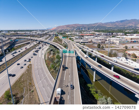 Aerial view of cars on the Spaghetti Bowl interchange in Utah Aerial view of cars on the Spaghetti Bowl interchange in Utah 142709078