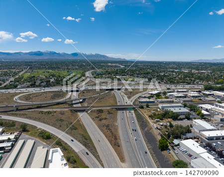 Aerial view of traffic at the I-215 highway interchange in Utah Aerial view of traffic at the I-215 highway interchange in Utah 142709090