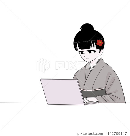 一位身穿和服的女子正在看著電腦螢幕——這是日常工作的畫面。 一位身穿和服的女子正在看著電腦螢幕——這是日常工作的畫面。 142709147