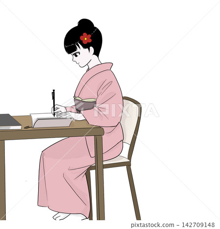 一位穿著和服的女子正在筆記本上寫下日程安排——這是日常小事。 一位穿著和服的女子正在筆記本上寫下日程安排——這是日常小事。 142709148