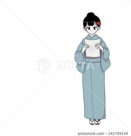 身穿和服的女子正在檢查文件──這是日常工作的畫面。 身穿和服的女子正在檢查文件──這是日常工作的畫面。 142709149