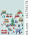 A poster design depicting a bustling Christmas market (without text). 142709176