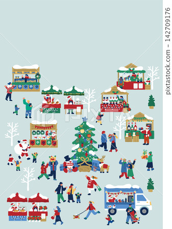 A poster design depicting a bustling Christmas market (without text). A poster design depicting a bustling Christmas market (without text). 142709176