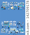 A poster design depicting a bustling Christmas market (without text). 142709178