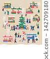 A poster design depicting a bustling Christmas market (without text). 142709180