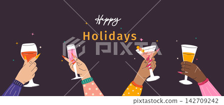 Happy Holidays banner with diverse hands holding celebratory drink glasses Happy Holidays banner with diverse hands holding celebratory drink glasses 142709242