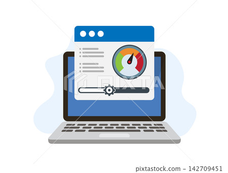 laptop displaying website performance gauge and dashboard settings window laptop displaying website performance gauge and dashboard settings window 142709451