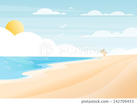 tropical beach landscape with sea sand sun clouds birds and palm trees tropical beach landscape with sea sand sun clouds birds and palm trees 142709453