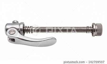 Metal bicycle quick release skewer for wheel attachment with mechanic component fastener hardware maintenance threaded accessory equipment transport fastening engineering assembly isolated Metal bicycle quick release skewer for wheel attachment with mechanic component fastener hardware maintenance threaded accessory equipment transport fastening engineering assembly isolated 142709507