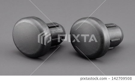 Pair of black plastic handlebar end plugs for bicycle with handlebar component accessory maintenance finishing protection mountain equipment transport isolated industrial synthetic Pair of black plastic handlebar end plugs for bicycle with handlebar component accessory maintenance finishing protection mountain equipment transport isolated industrial synthetic 142709508