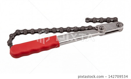 Steel bicycle chain whip tool with red handle for cassette removal maintenance mechanical sprocket cassette mechanic workshop equipment technical industrial metallic hardware construction Steel bicycle chain whip tool with red handle for cassette removal maintenance mechanical sprocket cassette mechanic workshop equipment technical industrial metallic hardware construction 142709534