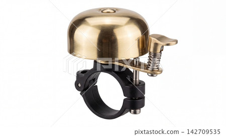Classic brass bicycle bell for handlebar mounting with handlebar accessory equipment metallic transport commuter steering attachment functional mechanical notification polished component Classic brass bicycle bell for handlebar mounting with handlebar accessory equipment metallic transport commuter steering attachment functional mechanical notification polished component 142709535