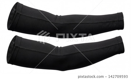 Pair of black cycling arm warmers for outdoor cold weather riding with compression clothing equipment training protection insulation accessory athletic material synthetic flexible layering Pair of black cycling arm warmers for outdoor cold weather riding with compression clothing equipment training protection insulation accessory athletic material synthetic flexible layering 142709593