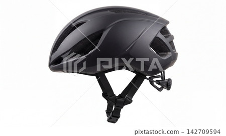 Modern matte black bicycle helmet with adjustable straps protective headgear protection ventilation adjustable equipment training recreation sportswear aerodynamic retention accessory Modern matte black bicycle helmet with adjustable straps protective headgear protection ventilation adjustable equipment training recreation sportswear aerodynamic retention accessory 142709594