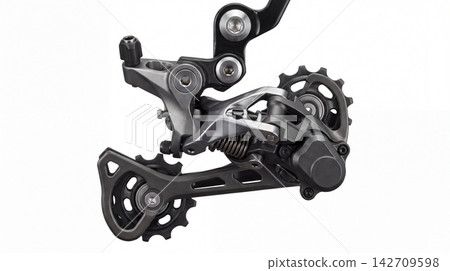 Black mechanical rear derailleur for mountain bike drivetrain with derailleur drivetrain shifting mountain mechanical component sprocket transmission technical engineering hardware assembly 142709598
