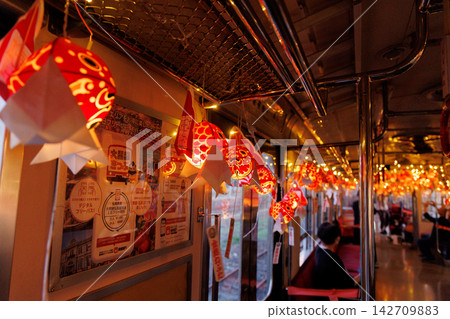 A summer tradition: Goldfish Nebuta floats adorn the Konan Railway's local trains. A summer tradition: Goldfish Nebuta floats adorn the Konan Railway's local trains. 142709883