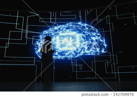 AI tech developing fast, machine learning and software developer in RD lab. Artificial intelligence evolution, neural network architecture and computer scientist monitoring progress 142709978