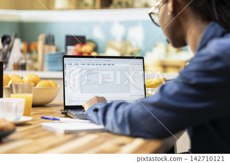 Woman focused on programming and software development tasks. Laptop screen displays code, scripts and binary data, illustrating system maintenance and remote work in a high-tech occupation. Woman focused on programming and software development tasks. Laptop screen displays code, scripts and binary data, illustrating system maintenance and remote work in a high-tech occupation. 142710121