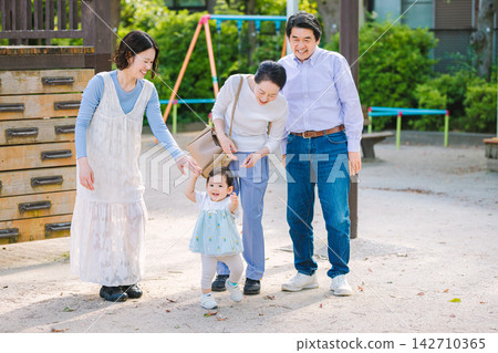 A three-generation family strolling through the park A three-generation family strolling through the park 142710365