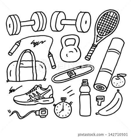 Active fitness workout gear doodle illustration showcasing energetic healthy lifestyle Active fitness workout gear doodle illustration showcasing energetic healthy lifestyle 142710501
