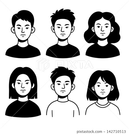 Diverse avatar line portrait group showing serious neutral emotion expression Diverse avatar line portrait group showing serious neutral emotion expression 142710513
