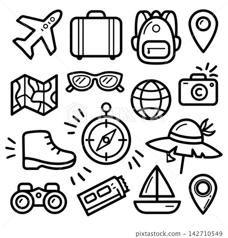 Travel icon set line art collection creating joyful adventure mood Travel icon set line art collection creating joyful adventure mood 142710549