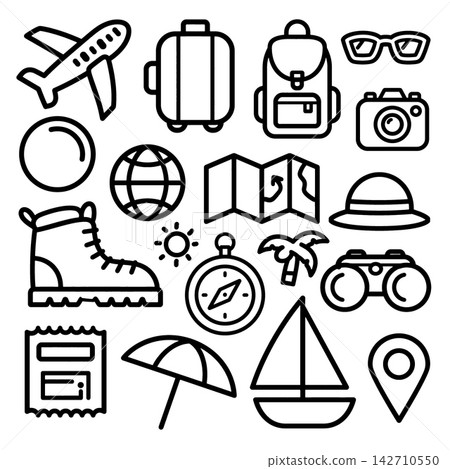 Travel line icon set showing excitement for vacation trip Travel line icon set showing excitement for vacation trip 142710550