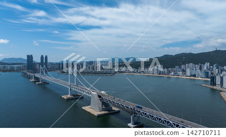 Aerial View of Gwangan Bridge, Marine City Skyline, and Dongbaekseom Island in Busan, South Korea Aerial View of Gwangan Bridge, Marine City Skyline, and Dongbaekseom Island in Busan, South Korea 142710711