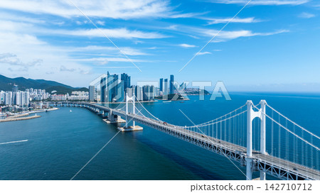 Aerial View of Gwangan Bridge, Marine City Skyline, and Dongbaekseom Island in Busan, South Korea Aerial View of Gwangan Bridge, Marine City Skyline, and Dongbaekseom Island in Busan, South Korea 142710712