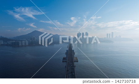 Aerial View of Gwangan Bridge, Marine City Skyline, and Dongbaekseom Island in Busan, South Korea Aerial View of Gwangan Bridge, Marine City Skyline, and Dongbaekseom Island in Busan, South Korea 142710718