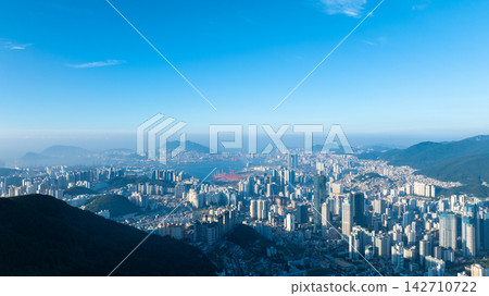 Aerial View of Gwangan Bridge, Marine City Skyline, and Dongbaekseom Island in Busan, South Korea Aerial View of Gwangan Bridge, Marine City Skyline, and Dongbaekseom Island in Busan, South Korea 142710722