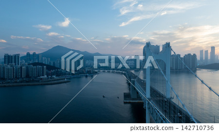 Aerial View of Gwangan Bridge, Marine City Skyline, and Dongbaekseom Island in Busan, South Korea Aerial View of Gwangan Bridge, Marine City Skyline, and Dongbaekseom Island in Busan, South Korea 142710736