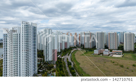 Aerial view of Songdo International City skyline and Incheon Bridge in South Korea Aerial view of Songdo International City skyline and Incheon Bridge in South Korea 142710761