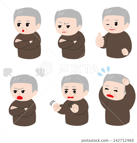 A set of illustrations featuring six different poses and expressions of an elderly man. A set of illustrations featuring six different poses and expressions of an elderly man. 142712468