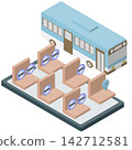 An isometric illustration depicting an online reservation screen for bus seats. 142712581
