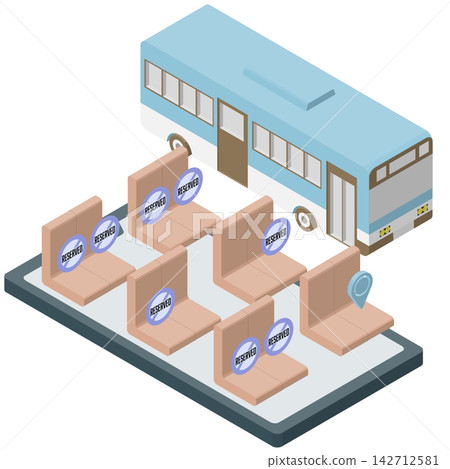 一幅等距插圖,描繪了公車座位線上預訂介面。 一幅等距插圖,描繪了公車座位線上預訂介面。 142712581