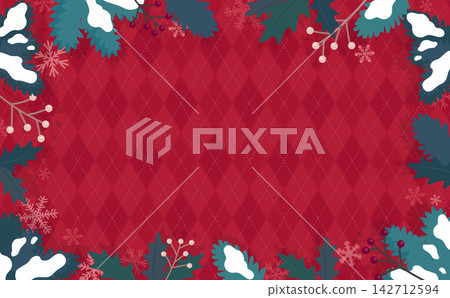 Christmas background 1_horizontal with conifer leaves, snowflake frame and red argyle pattern Christmas background 1_horizontal with conifer leaves, snowflake frame and red argyle pattern 142712594