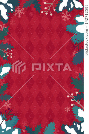 Christmas background 1 with conifer leaves, snowflake frame, and red argyle pattern (vertical) Christmas background 1 with conifer leaves, snowflake frame, and red argyle pattern (vertical) 142712595