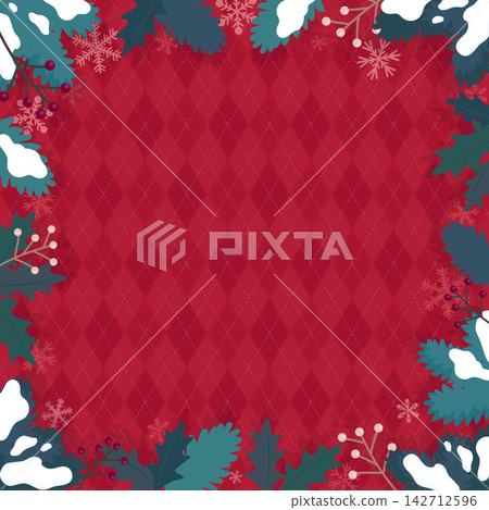 Christmas background 1_square with conifer leaves and snowflake frame and red argyle pattern Christmas background 1_square with conifer leaves and snowflake frame and red argyle pattern 142712596