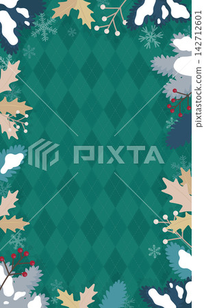 Christmas background 1 with conifer leaves, snowflake frame, and green argyle pattern (vertical) Christmas background 1 with conifer leaves, snowflake frame, and green argyle pattern (vertical) 142712601