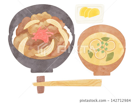 牛肉飯和味噌湯的水彩風格插圖。 142712984