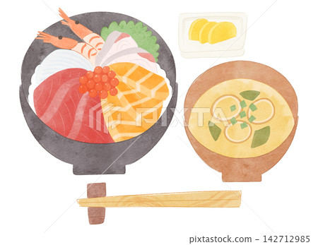 水彩風格的海鮮蓋飯和味噌湯插圖。 水彩風格的海鮮蓋飯和味噌湯插圖。 142712985
