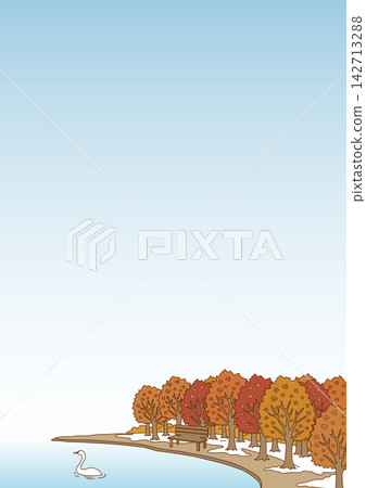 Autumn leaves, snow-covered tree-lined street, and swans: A park scene from late autumn to early winter. Vertical background. Autumn leaves, snow-covered tree-lined street, and swans: A park scene from late autumn to early winter. Vertical background. 142713288