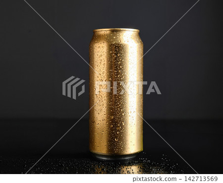 Chilled Golden Beverage Can on Dark Background Chilled Golden Beverage Can on Dark Background 142713569