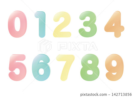 A colorful, puffy, three-dimensional 3D-style number set (0-9) A colorful, puffy, three-dimensional 3D-style number set (0-9) 142713856