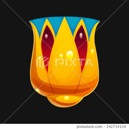 Cartoon ancient Egyptian font letter U as golden lotus flower, arcade game hieroglyph typeface, ABC Egypt pharaoh alphabet type. Vector Egyptian floral symbol with red gems and blue decorative crown 142714114